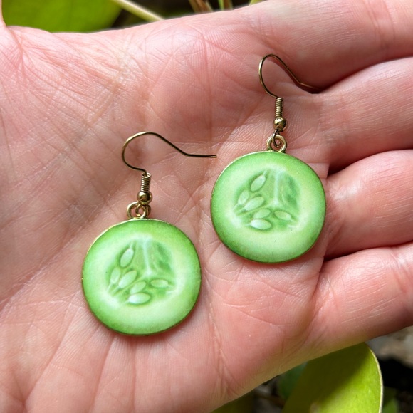 Cucumber Pickle Slice Handmade Earrings - 1” drop - New - Picture 2 of 2